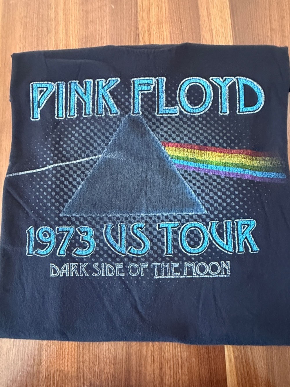 Pink Floyd Black Tee with Turquoise Lettering and Rainbow Prism